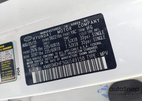 2016 Hyundai Santa Fe Se из США, поврежденный, VIN KM8SMDHF5GU149158